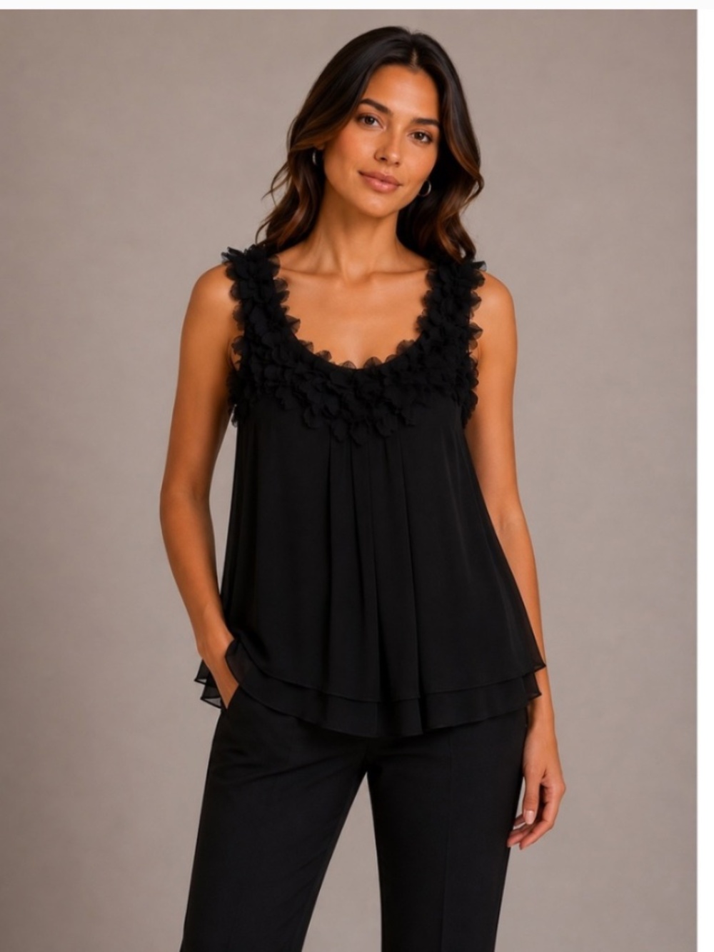 ECI New York- Black Chiffon Empire Waist Floral Applique Rosette Blouse Top  XS